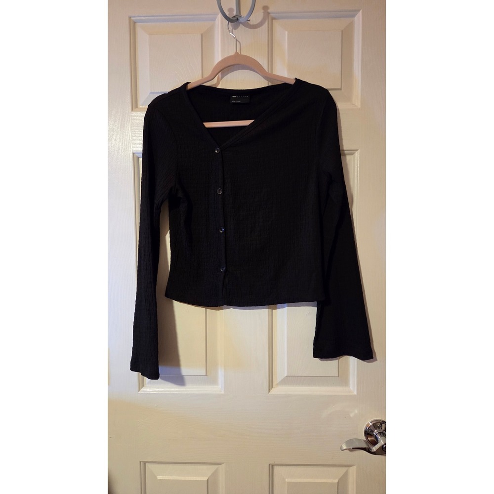 ASOS DESIGN Textured Asymmetric Button Front Top Black Long Sleeve Flare M
